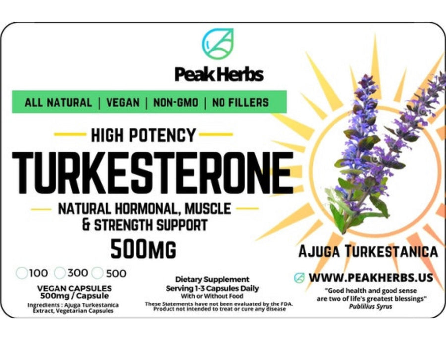 Turkesterone Extract Capsules - 10% Turkesterone - Ajuga Turkestanica - Natural Male Strength Muscle Build Fitness Ecdysteroid - Peak Herbs