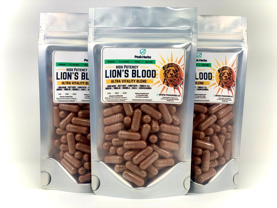 'Lion's Blood' - Male Vitality Herb Blend (Tongkat Ali, Maca, Ginseng, Rhodiola, Tribulus, Lions Mane, Beet Root